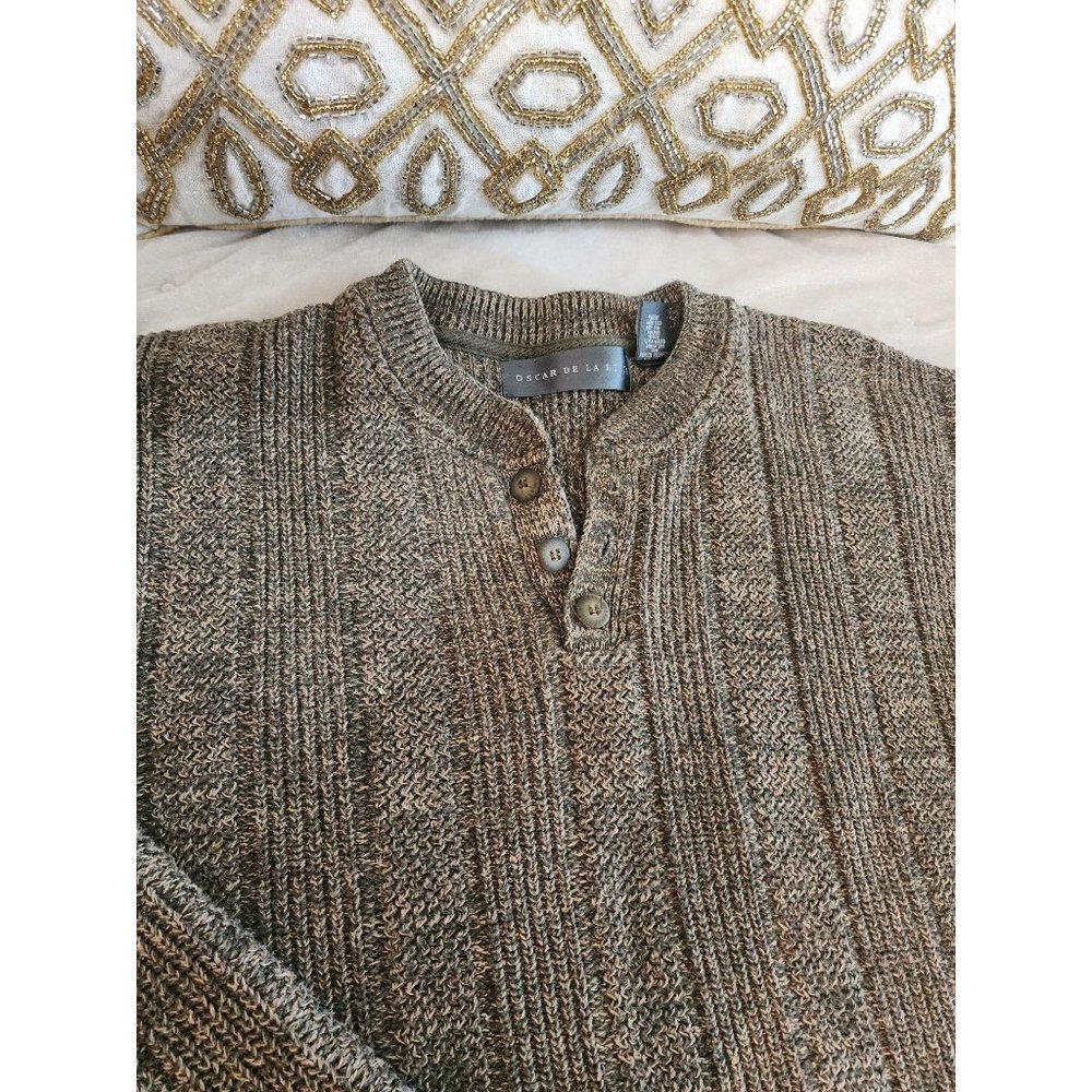 Oscar De La Renta Mens 3 Button Henley Knit‎ Sweater Beige Size XL